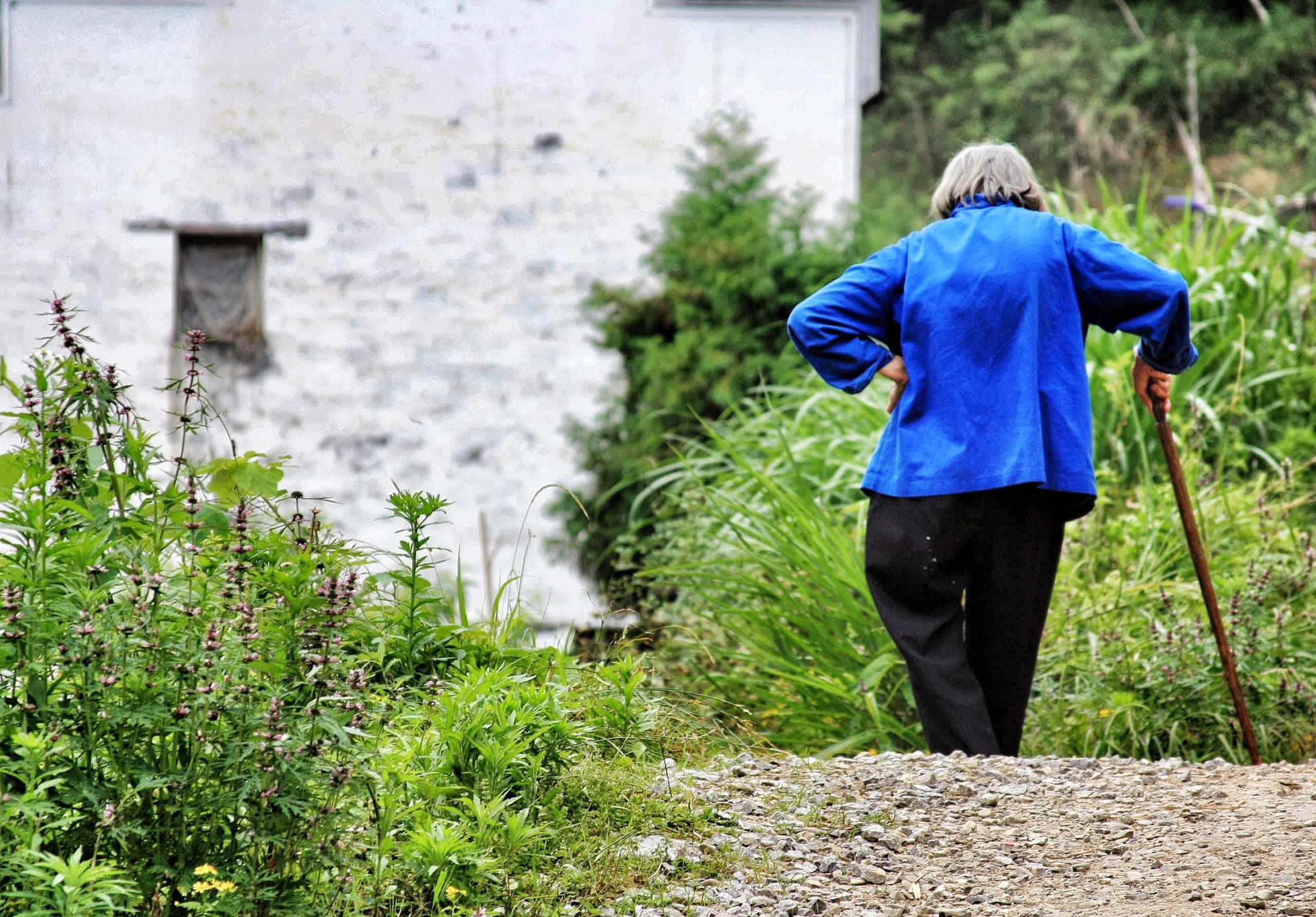 Stroke patient walks with can through garden